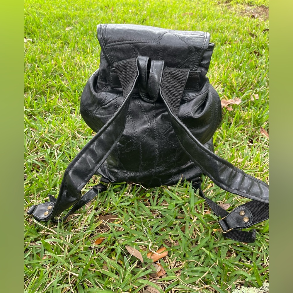 Genuine Black Leather Patchwork Backpack Y2k - image 3